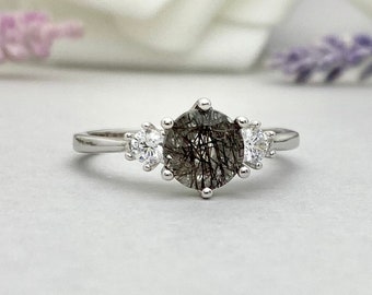 Three Stone Round Black Rutilated Quartz Simulated Diamond Engagement Ring Sterling Silver Black Rutilated Quartz Wedding Promise Ring