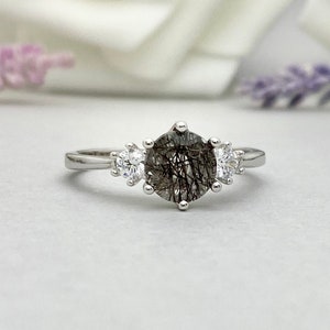 Three Stone Round Black Rutilated Quartz Simulated Diamond Engagement Ring Sterling Silver Black Rutilated Quartz Wedding Promise Ring