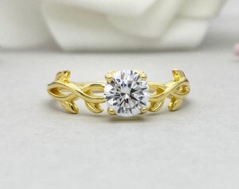 Yellow Gold Round Simulated Diamond Floral leaf Dainty Ring Sterling Silver Leaves Branch Engagement Wedding Promise Ring 14K Gold Ring