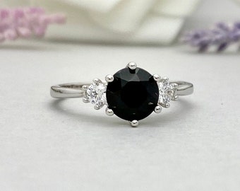 Three Stone Round Black Onyx Simulated Diamond Engagement Ring Sterling Silver Natural Black Onyx Wedding Promise Ring