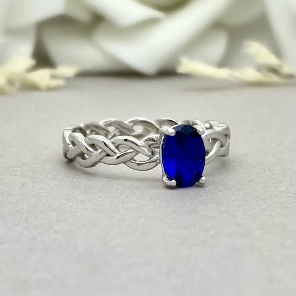 Oval Blue Sapphire Braided Twisted Band Sterling Silver Ring 925 Silver Celtic Braided Women's Fashion Engagement Wedding Promise Ring
