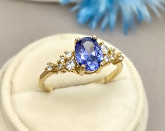 Oval 1.5Ct Tanzanite CZ 14K Yellow Gold Cluster Ring Round Simulated Diamond CZ Sterling Silver Art Deco Unique Engagement Wedding Ring