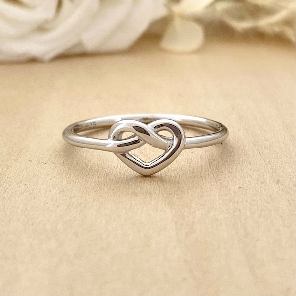 Silver Heart Love Knot Ring 925 Sterling Silver Love Knot Ring Dainty Silver Heart Anniversary Promise Ring Women's Plain Silver Ring