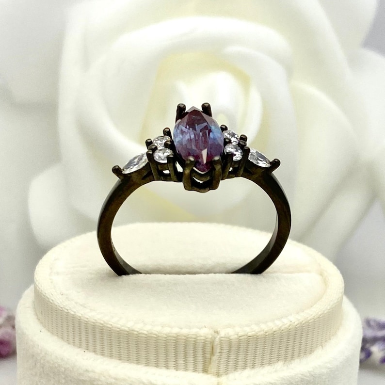 Art Deco 14K Gold Marquise Alexandrite Black Rhodium Ring Round And Marquise Simulated Diamond Engagement Wedding Ring Lab Alexandrite Ring