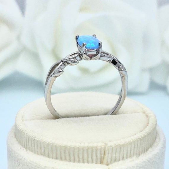 Oval Blue Opal branch Floral leaf Dainty Ring Sterling Silver Blue Opal Leaves store Engagement Wedding Promise Ring 14K White Gold Ring