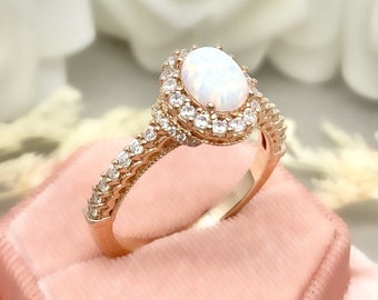 Oval White Opal Halo Vintage Art Deco 14K Rose Gold Simulated Diamond Sterling Silver Engagement Wedding Ring Women's Opal Ring