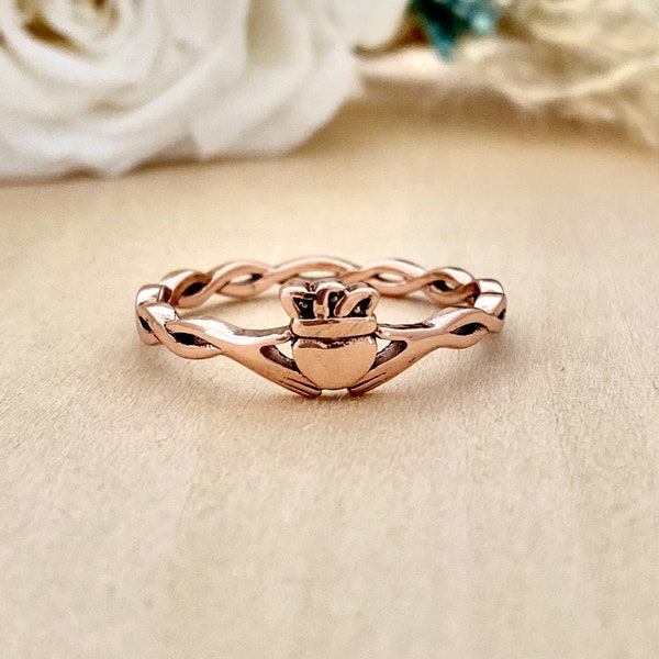 Rose Gold Claddagh Ring Braided Twisted Band Irish Claddagh Dainty Rose Gold 925 Sterling Silver Heart Ring Women's Anniversary Promsie Ring