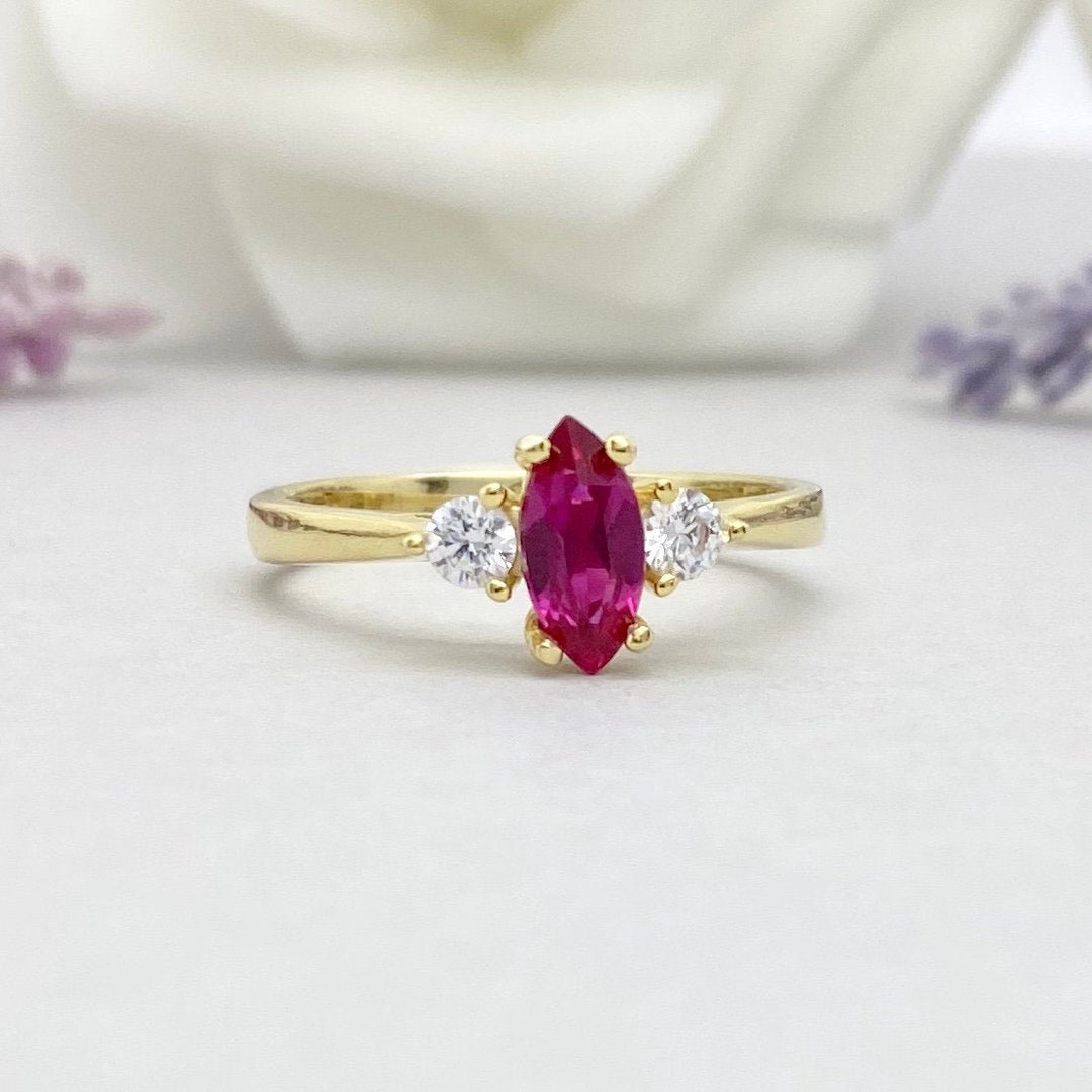 Marquise Ruby 14K Yellow Gold Three Stone Ring Art Deco Round Simulated ...