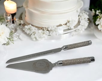 Juego de cuchillos para tarta de bodas personalizados con grabados elegantes: juego de corte de tarta para novios con grabado personalizado, regalo de recuerdo de boda