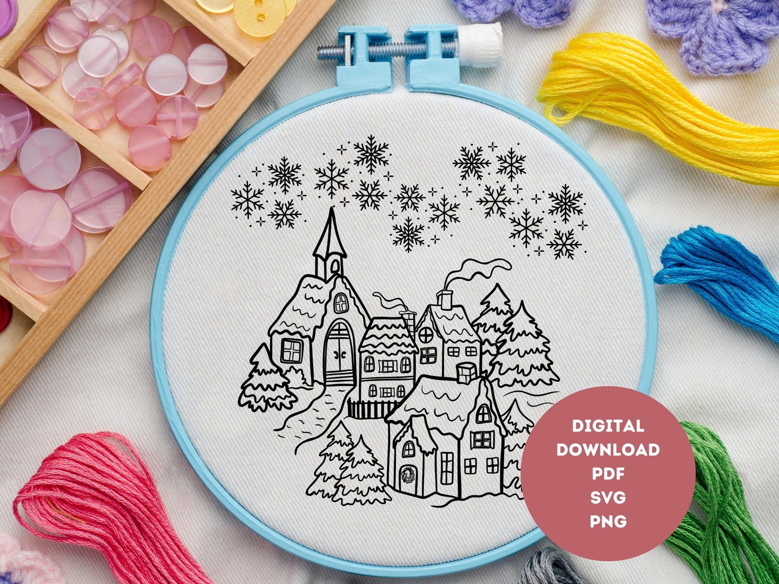 Winter Village Pattern, Hand Embroidery, Embroidery Hoop Art ...