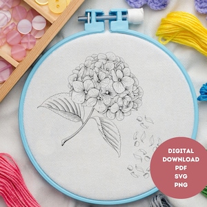 Puede incluir: Un dibujo en blanco y negro de una flor de hortensia con hojas y pétalos. El dibujo está sobre una tela blanca en un aro de bordado azul. El aro está rodeado de hilo de bordar de colores.