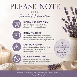 May include: A digital product information graphic with the text "PLEASE NOTE" and "Important Information. a reminder that this product is digital only. It’s an easy download. You get instant access and no returns or refunds will be given.