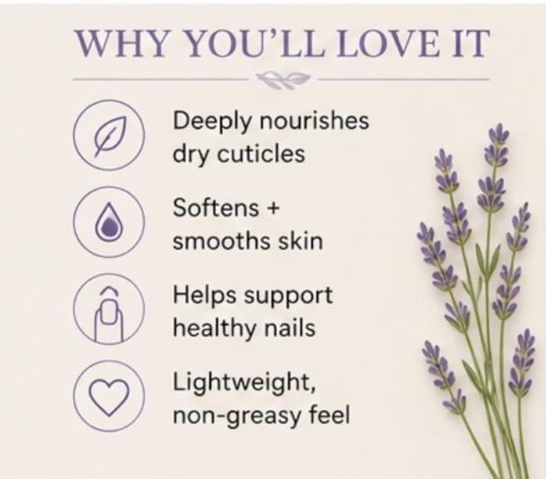 May include: A cream-colored graphic with the text "WHY YOU'LL LOVE IT" and four bullet points describing the benefits of a product. The image includes a sprig of lavender and icons representing the benefits: nourishes cuticles, softens skin, supports nails, and lightweight feel.