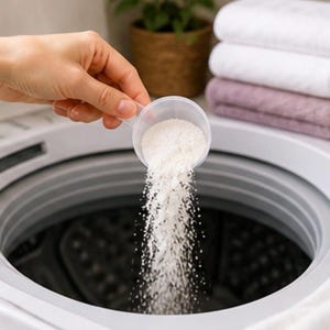 Puede incluir: Un cuchar&oacute;n de pl&aacute;stico transparente vierte detergente blanco para ropa en una lavadora. La m&aacute;quina es blanca con un interior oscuro. En el fondo, toallas blancas y lilas dobladas y una planta en maceta.