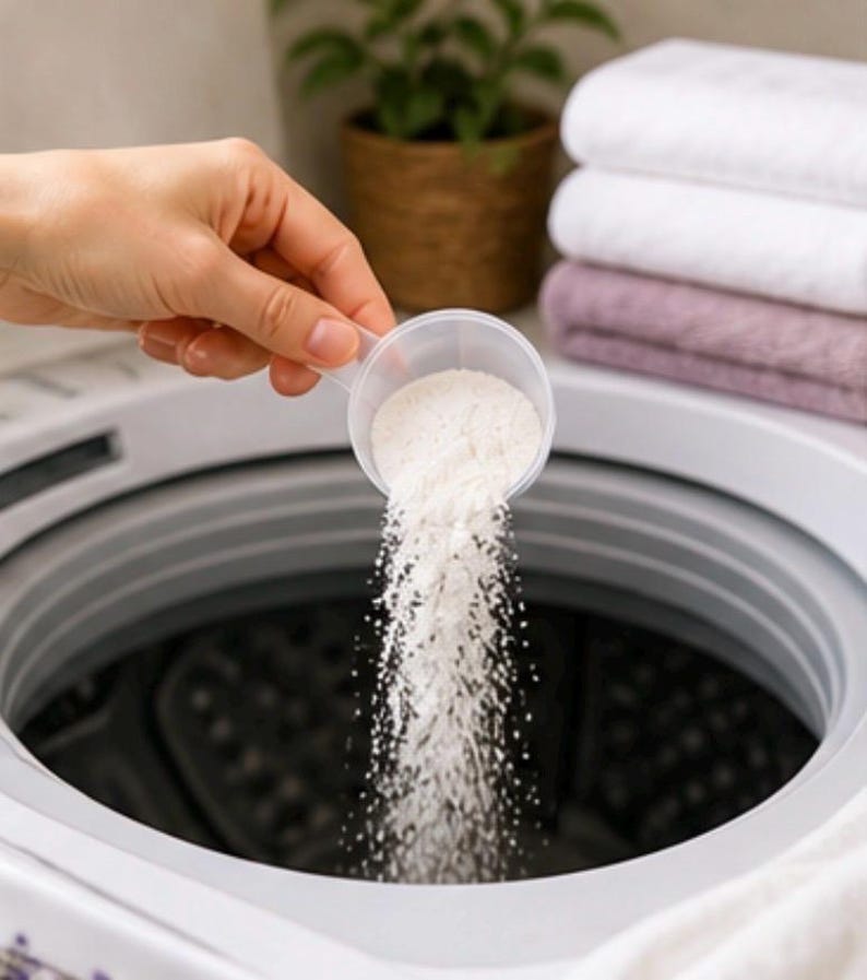 Puede incluir: Un cuchar&oacute;n de pl&aacute;stico transparente vierte detergente blanco para ropa en una lavadora. La m&aacute;quina es blanca con un interior oscuro. En el fondo, toallas blancas y lilas dobladas y una planta en maceta.