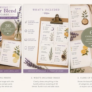 A collection of 30 everyday diffuser blend recipe cards. The image shows a diffuser, essential oil bottle, and sample cards with lavender and lemon illustrations. The cards are categorized for different moods.