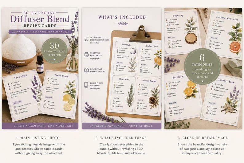A collection of 30 everyday diffuser blend recipe cards. The image shows a diffuser, essential oil bottle, and sample cards with lavender and lemon illustrations. The cards are categorized for different moods.