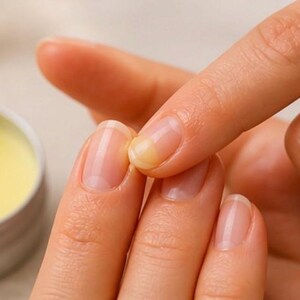 May include: Close-up of a person applying a yellow balm to a fingernail. The balm is in a small, silver container. The nails are neatly trimmed and have a natural, clear appearance.