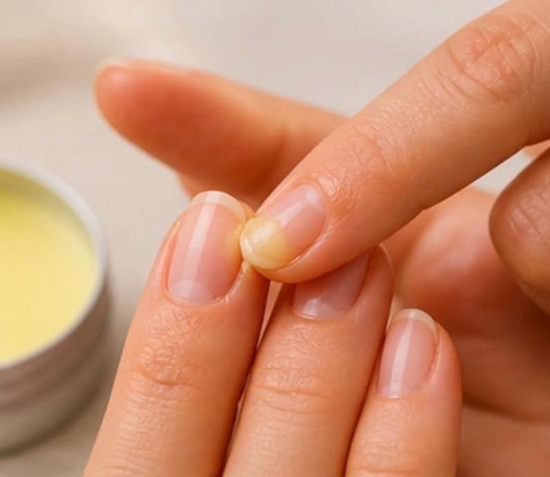 May include: Close-up of a person applying a yellow balm to a fingernail. The balm is in a small, silver container. The nails are neatly trimmed and have a natural, clear appearance.