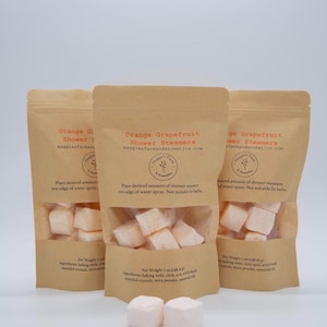 Handmade aromatherapy shower steamers by Maggie’s Farm and Aromatics in orange grapefruit scent.