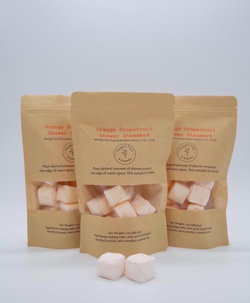 Handmade aromatherapy shower steamers by Maggie’s Farm and Aromatics in orange grapefruit scent.