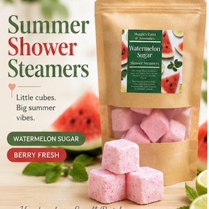 Handmade aromatherapy shower steamers by Maggie’s Farm and Aromatics in summer scents of watermelon sugar and berry fresh.
