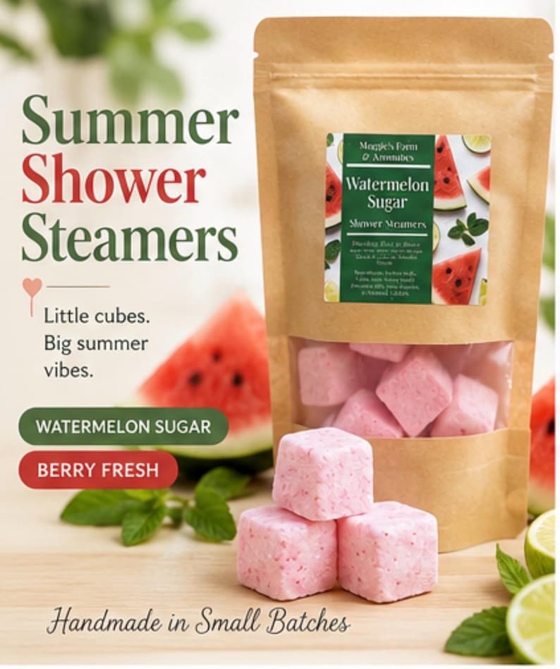 Handmade aromatherapy shower steamers by Maggie’s Farm and Aromatics in summer scents of watermelon sugar and berry fresh.