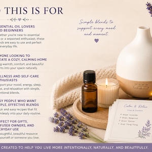 A white and wood-tone essential oil diffuser with a lit candle, essential oil bottle, and lavender sprigs. The image includes text about who the product is for, including essential oil lovers and those seeking a calming home.