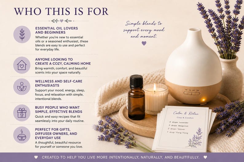 A white and wood-tone essential oil diffuser with a lit candle, essential oil bottle, and lavender sprigs. The image includes text about who the product is for, including essential oil lovers and those seeking a calming home.