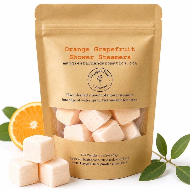 orange grapefruit shower steamers. Orange cubes in a kraft ziplock bag.