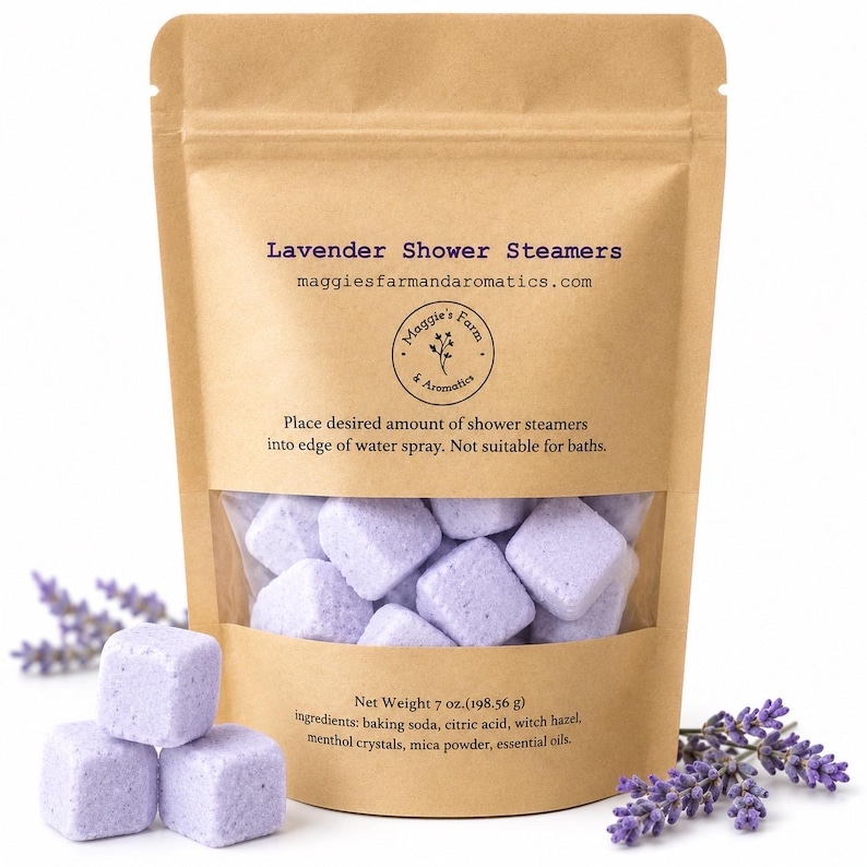 lavender shower steamers. purple cubes in a kraft ziplock bag.