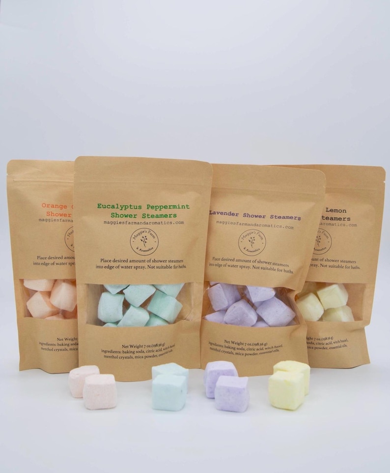 Handmade aromatherapy shower steamers by Maggie’s Farm and Aromatics in lavender eucalyptus peppermint rosemary lemon and orange grapefruit scents.