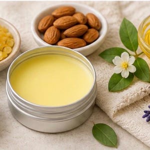 May include: An assortment of natural skincare ingredients, including shea butter, beeswax, almonds, and oil, arranged in small white bowls and a metal container. A sprig of lavender and green leaves add a natural touch to the composition.