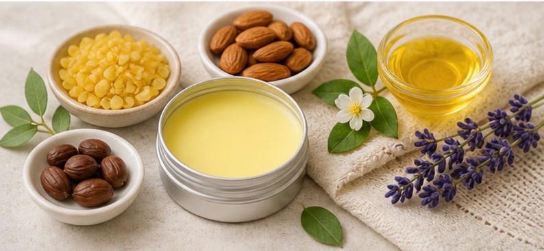 May include: An assortment of natural skincare ingredients, including shea butter, beeswax, almonds, and oil, arranged in small white bowls and a metal container. A sprig of lavender and green leaves add a natural touch to the composition.