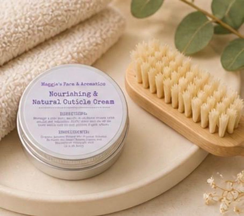 May include: A silver tin of "Nourishing & Natural Cuticle Cream" sits on a white tray next to a wooden nail brush and folded white towels. The cream's label includes the brand name "Maggie's Face & Aromatics". The brush has light-colored bristles.