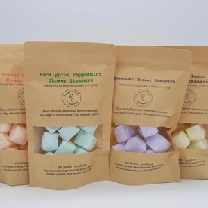 Handmade aromatherapy shower steamers by Maggie’s Farm and Aromatics in lavender eucalyptus peppermint rosemary lemon and orange grapefruit scents.