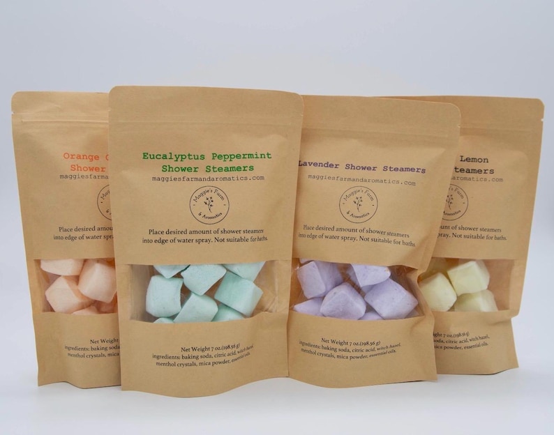 Handmade aromatherapy shower steamers by Maggie’s Farm and Aromatics in lavender eucalyptus peppermint rosemary lemon and orange grapefruit scents.