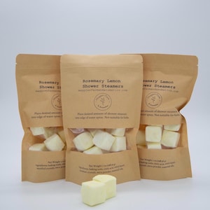 Handmade aromatherapy shower steamers by Maggie’s Farm and Aromatics in rosemary lemon scent.