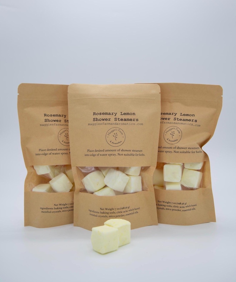 Handmade aromatherapy shower steamers by Maggie’s Farm and Aromatics in rosemary lemon scent.