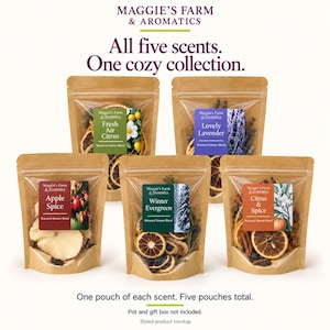 May include: Five brown kraft paper pouches with clear windows containing dried botanical simmer blends. Labels read Maggie's Farm & Aromatics, Fresh Air Citrus, Lovely Lavender, Apple Spice, Winter Evergreen, and Citrus & Spice. Text reads All five scents. One cozy collection.