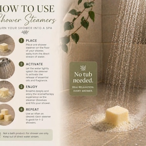 Shows instructions for using shower steamers. The steps include placing the steamer on the shower floor, activating it with water, enjoying the aromatherapy, and repeating as desired. The text emphasizes the spa-like experience.