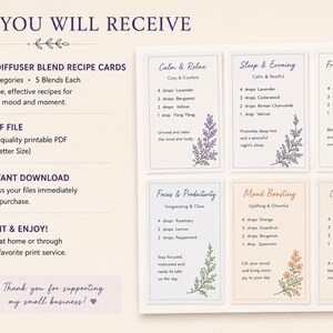 A digital download featuring 30 diffuser blend recipe cards with 6 categories and 5 blends each. The cards include recipes for various moods, a PDF file, and instant download access. The text says "What You Will Receive".