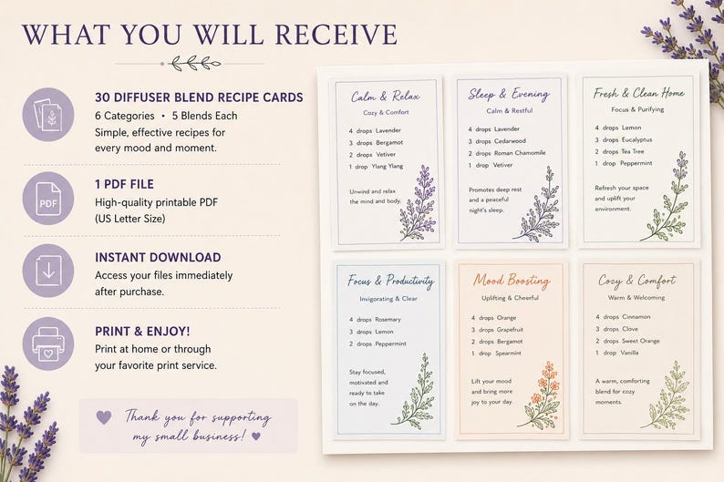 A digital download featuring 30 diffuser blend recipe cards with 6 categories and 5 blends each. The cards include recipes for various moods, a PDF file, and instant download access. The text says "What You Will Receive".