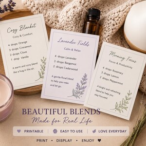 A serene image featuring three recipe cards for essential oil blends, a lit candle, a diffuser, and lavender sprigs. The cards offer recipes for Cozy Blanket, Lavender Fields, and Morning Focus. The text "BEAUTIFUL BLENDS Made for Real Life" is also visible.