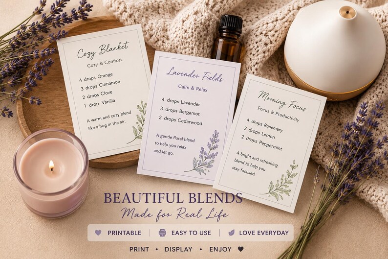 A serene image featuring three recipe cards for essential oil blends, a lit candle, a diffuser, and lavender sprigs. The cards offer recipes for Cozy Blanket, Lavender Fields, and Morning Focus. The text "BEAUTIFUL BLENDS Made for Real Life" is also visible.