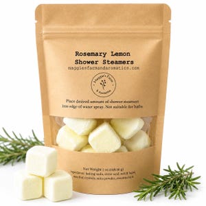 rosemary lemon shower steamers. yellow cubes in a kraft ziplock bag.