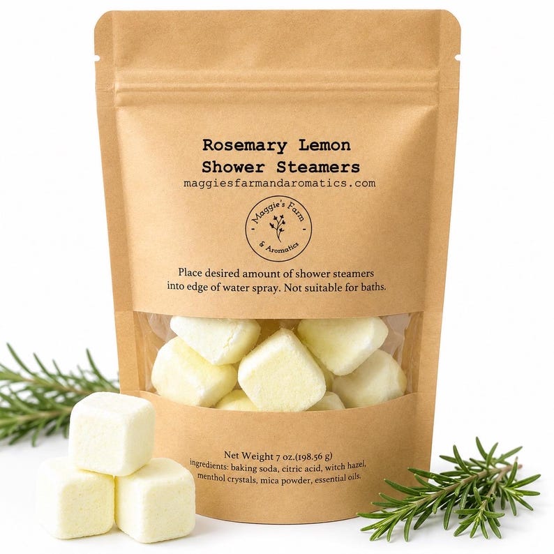 rosemary lemon shower steamers. yellow cubes in a kraft ziplock bag.