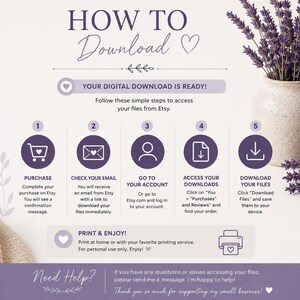 A purple and white infographic titled "How to Download" with numbered steps for accessing digital files from Etsy.