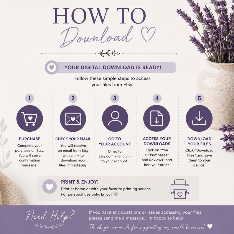 A purple and white infographic titled "How to Download" with numbered steps for accessing digital files from Etsy.