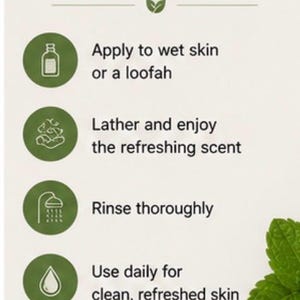 May include: An instructional graphic with the title "HOW TO USE" and four steps: Apply to wet skin or a loofah, Lather and enjoy the refreshing scent, Rinse thoroughly, and Use daily for clean, refreshed skin. A sprig of green leaves is in the bottom right corner.